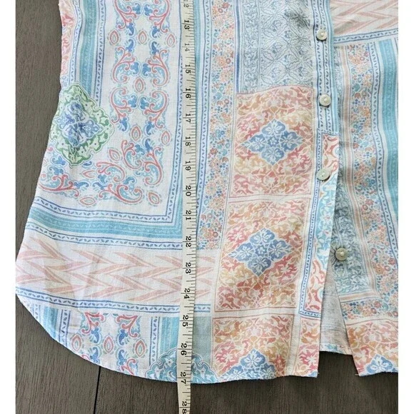 Chico's No Iron 100% Linen Button Up Top Sz 2 (12) Pastel Patchwork Bohemian - Picture 4 of 7